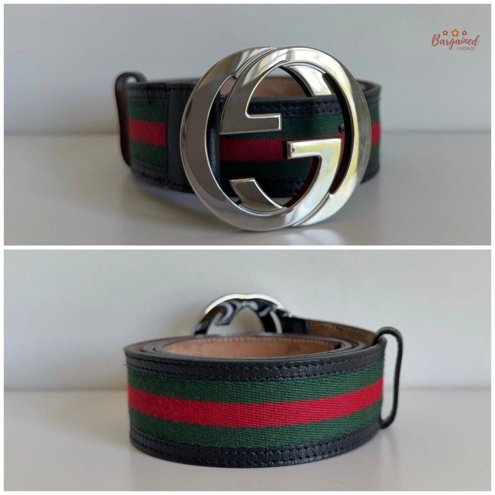 Authentic Gucci Web Green/Red Canvas Silver Interlocking G Buckle Belt 95/38 - Picture 3 of 14